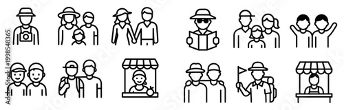 Travel icons with tourists families and vendors outline
