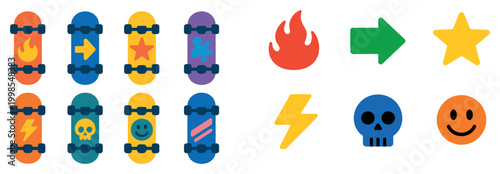 Recreation icons with skateboard flame smiley colorful