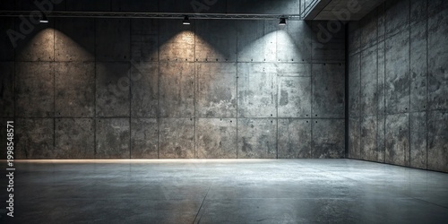 Dark, empty industrial room, concrete walls and floor, spotlights, modern loft space