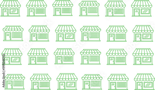Shop storefront line icon set with small retail stores buildings facade market exterior outline vector illustration collection