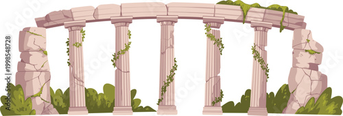Ancient stone arch ruins with classical columns overgrown by vines and greenery