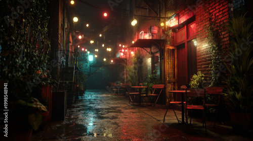 Rain-soaked alley illuminated by soft jazz bar lights. 