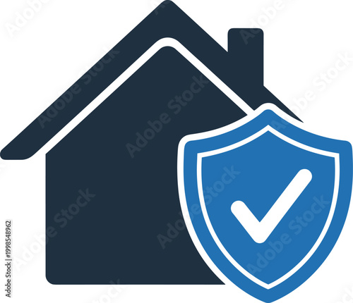 Home security vector icon is a house with a shield and a checkmark on a transparent background.