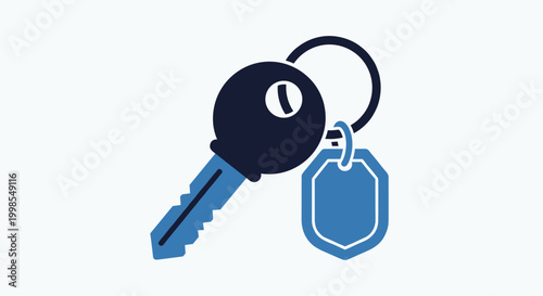 House key or room key with keychain and badge as symbol for security or access control.