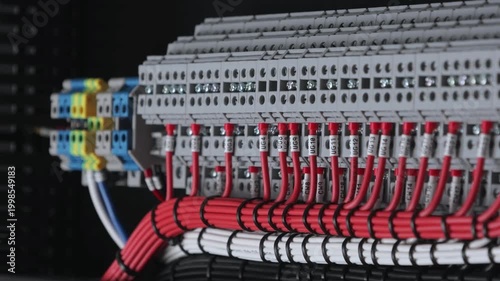 Electrical terminals with connected insulated copper wires with metal lugs. Marking with a thermal printer. 