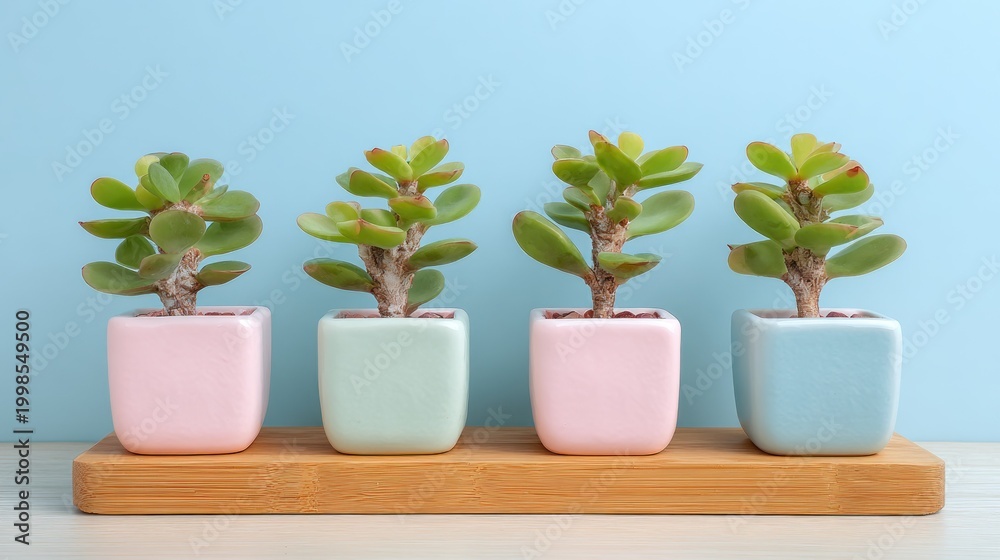 Fototapeta premium Four small succulent plants arranged in pastel colored square containers resting on a wooden tray