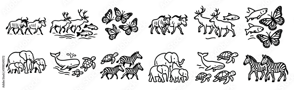 Fototapeta premium Wildlife icons with elephant zebra butterfly outline