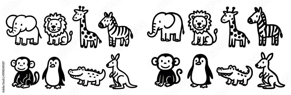Fototapeta premium Animals icons with elephant giraffe lion minimal
