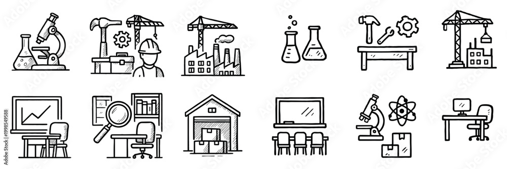 Fototapeta premium Industrial lab icons with microscope crane factory outline