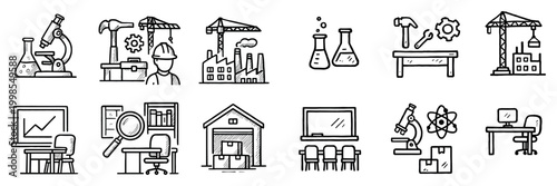 Industrial lab icons with microscope crane factory outline