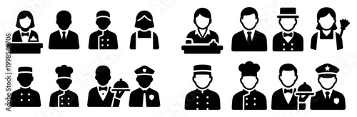 Hospitality icons with receptionist waiter chef silhouette