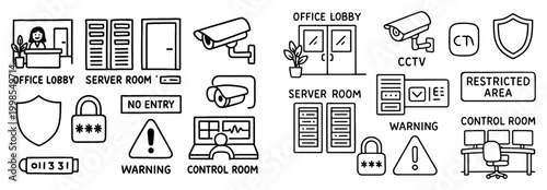 Security icons with camera server and shield outline