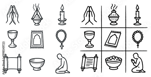 Spiritual icons with praying hands and chalice outline