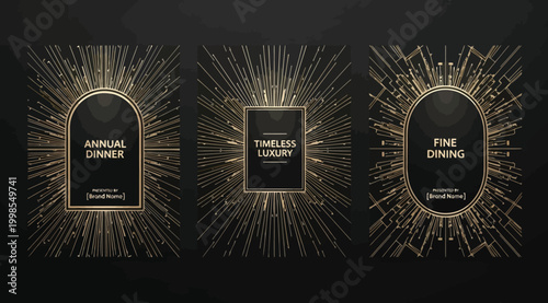 Set of luxury golden frames with sunburst effect