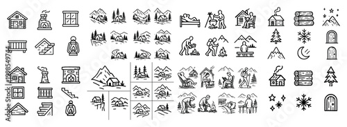 Winter cabin icons and nature illustrations