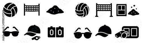 Beach volleyball icons with ball net cap flat