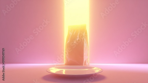 Mylar pouch rests upon a simple dish illuminated by a brilliant vertical light source