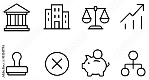 Finance icons with bank and piggy outline