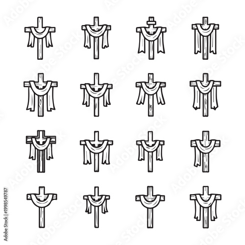 Collection of Christian Cross Icons with Draped Fabric in a Simple Line Art Style