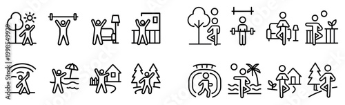 Outdoor activity icons with people trees outline