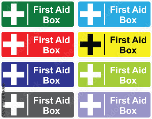 First aid box signage stickers provide medical facility labeling in multiple vibrant colors.