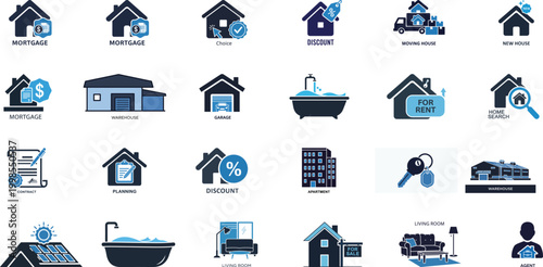 Collection of 25 flat blue vector icons for real estate: mortgage, warehouse, garage, home search, contract, planning, discount, apartment, keys.