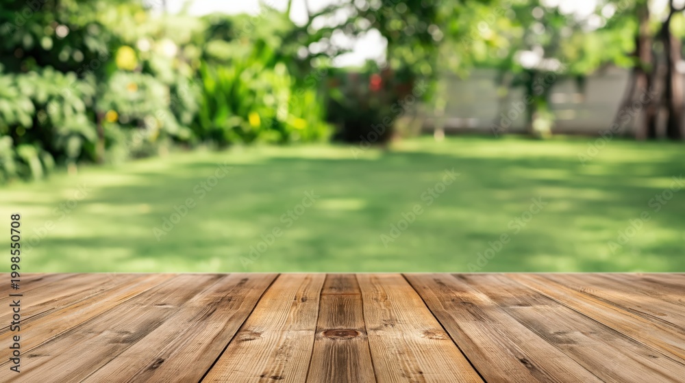 Obraz premium Wooden tabletop in foreground with blurred garden and lawn background