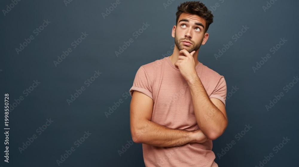 Obraz premium Young man pondering with hand on chin in dark studio