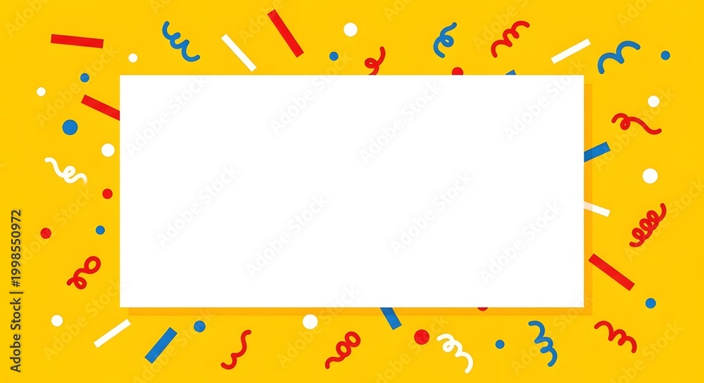 Naklejka premium Playful celebration background, bright yellow canvas decorated with confetti elements like lines, dots and squiggles in red, blue and white