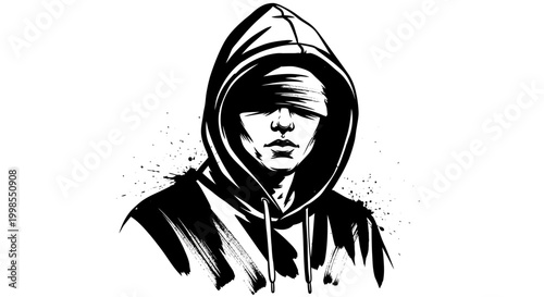 Fotografija Anonymous hooded figure, urban style illustration, mysterious face, black and wh