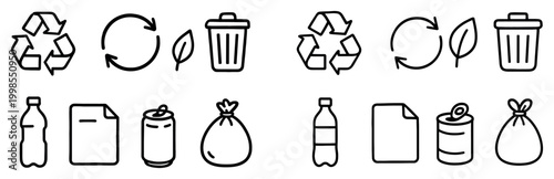 Recycling icons with bottle can bag outline simple