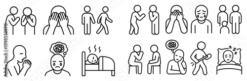 Emotional icons with person bed guitar outline style