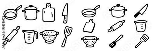 Kitchen icons with pan pot cutting board outline