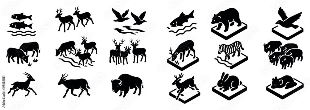 Fototapeta premium Wildlife icons with deer fish bear silhouette