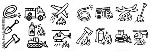 Fire rescue icons with truck helicopter hose outline