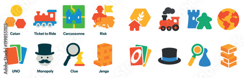 Board game icons with train meeple cards colorful flat