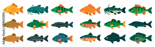 Fishing icons with varied fish fin colorful