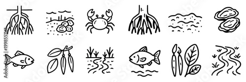 Coastal icons with crab fish roots hand drawn