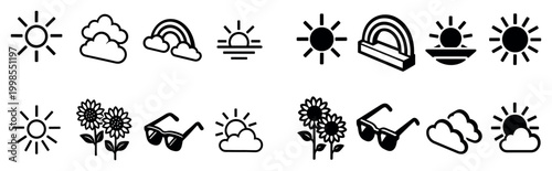 Weather icons with sun cloud rainbow outline