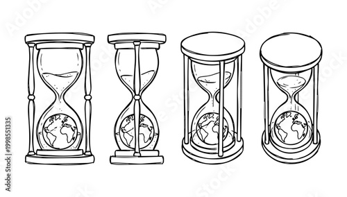 Classic Hourglass Timer Enclosing Planet Earth Globe Showing Global Time Passing in Doodle Line Art