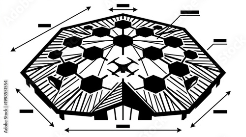 Futuristic abstract geometric illustration of a complex hexagonal structure with detailed indicators, representing innovative design, advanced technology, and modern engineering concepts