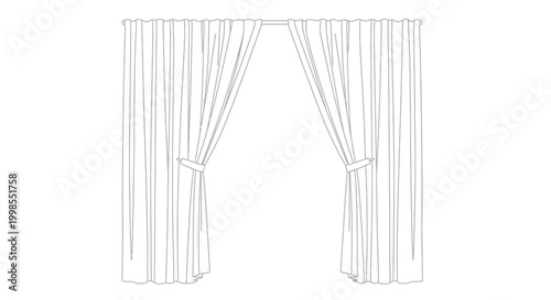 Drapery, curtains with tie backs, open window, sketch, line art, interior design
