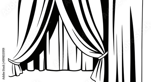 Drawn Stage Curtains Opening, Theater Drapes, Vector Illustration
