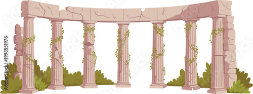 Ancient ruins with classical columns and vines depicting historic architectural remains scene
