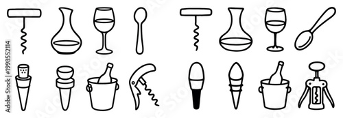 Beverage icons with corkscrew decanter glass outline
