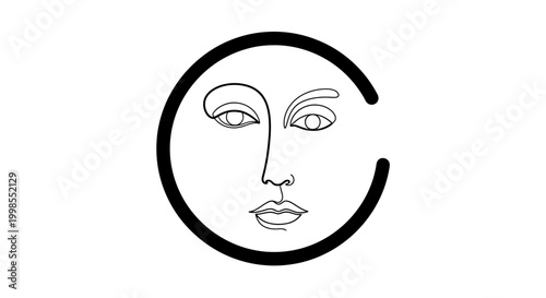 Abstract Minimalist Line Art Face Inside Circle, Modern Graphic Design
