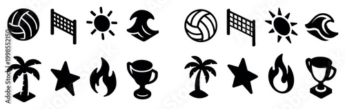 Beach sports icons with ball net palm trophy flat