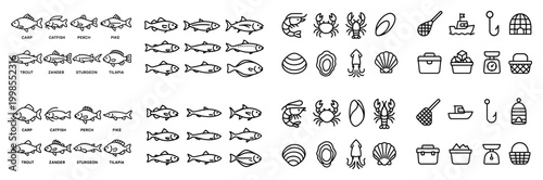 Fish and seafood line art set