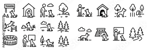 Pet care icons with trainer dog house outline