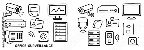 Security icons with camera monitor server outline